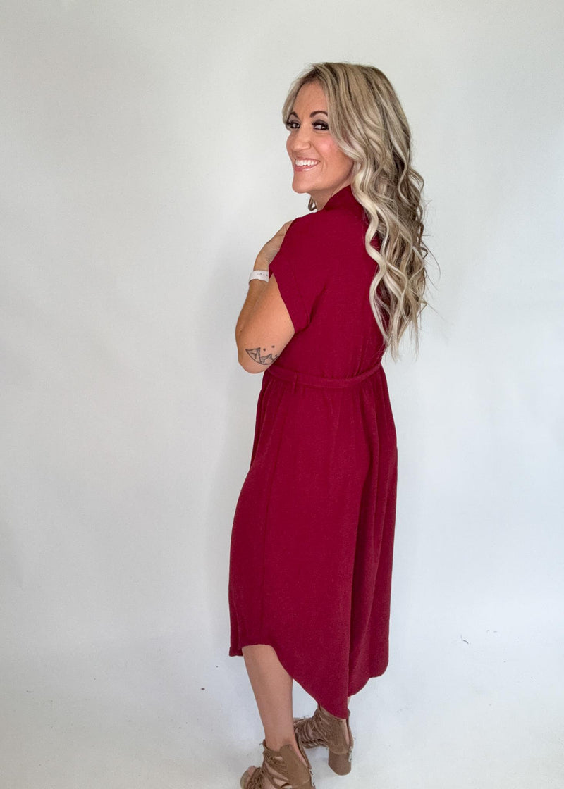 Burgundy Collared Button Down Belted Midi Dress