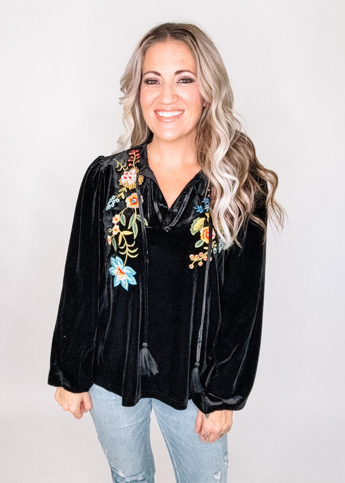 Black Velvet Embroidered Top