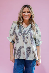 Black and Ivory Damask Printed Babydoll Top