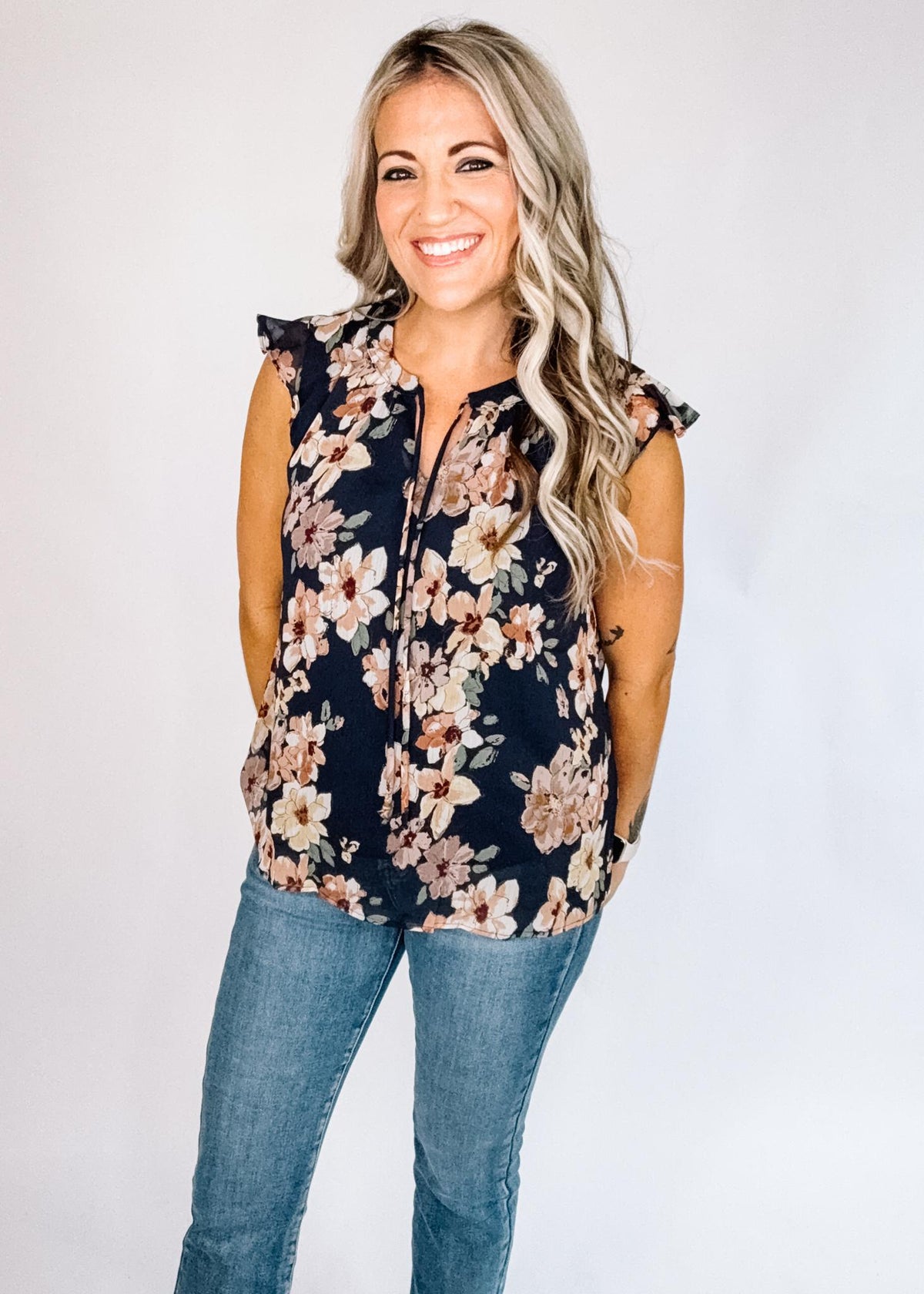 Navy and Mauve Floral Chiffon Blouse