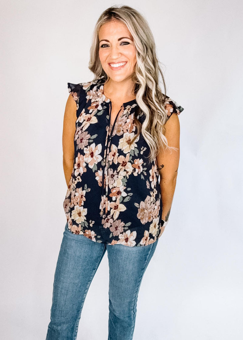 Navy and Mauve Floral Chiffon Blouse