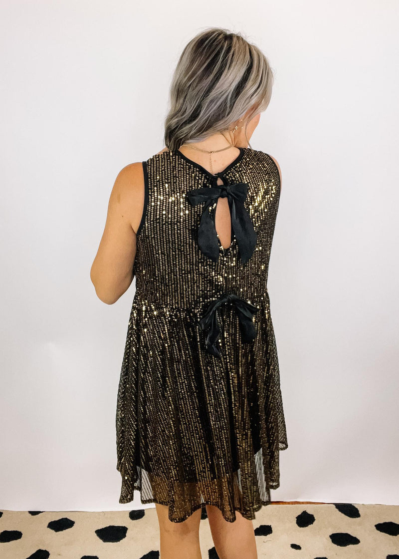 Gold and Black Sequin Babydoll with Back Bow Detail