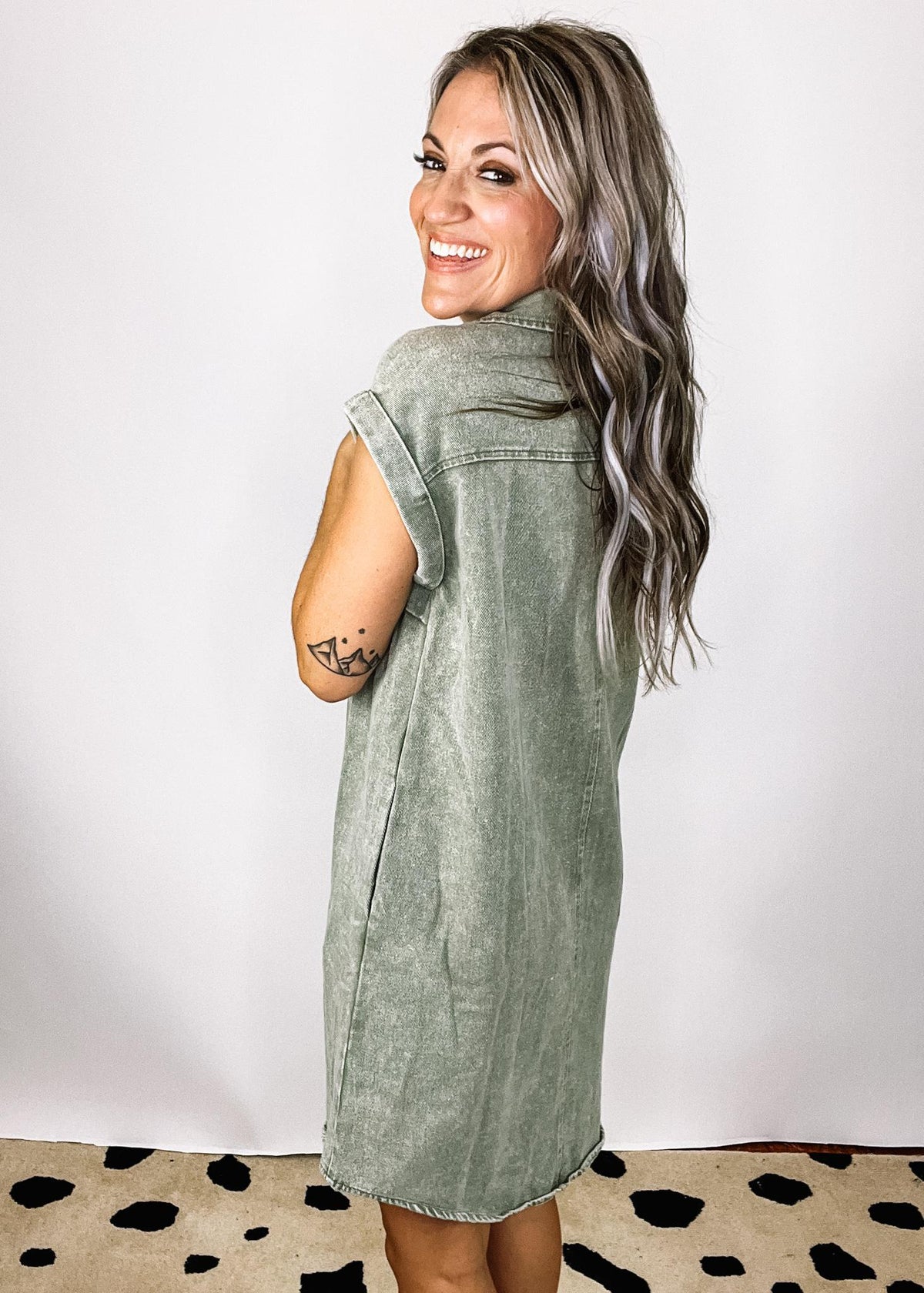 Olive Folded Cuff Button Down Denim Dress