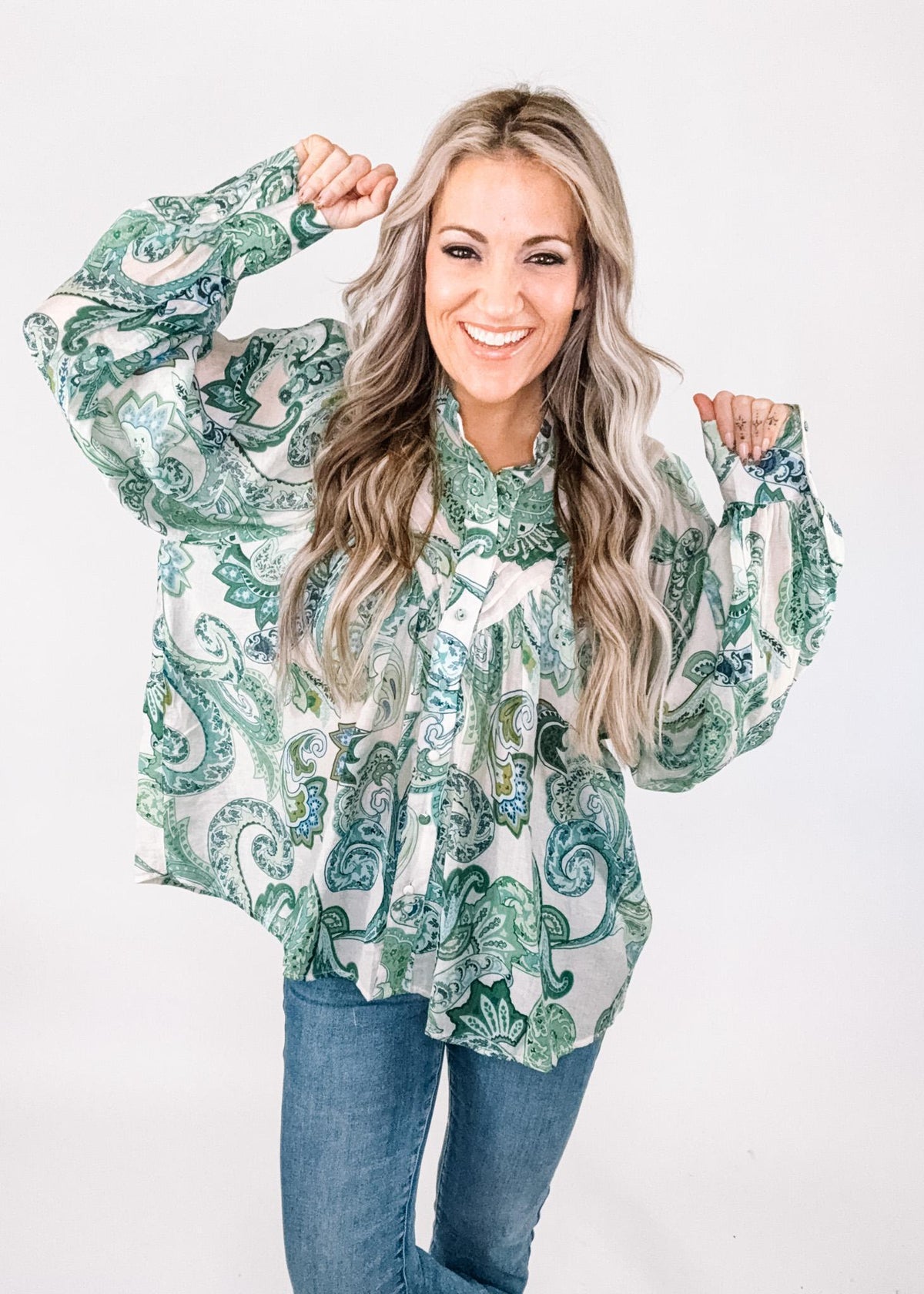 Spearmint Paisley Bubble Sleeve Top