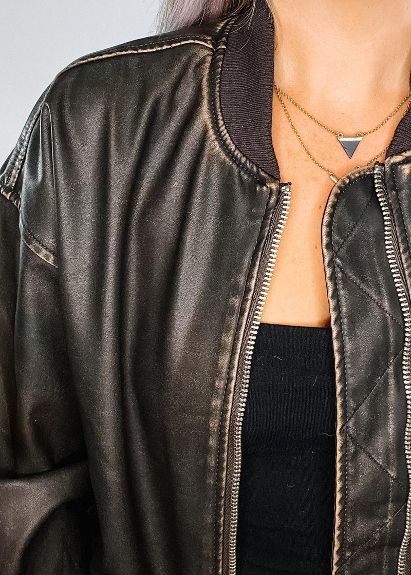 Dark Brown Faux Leather Bomber Jacket