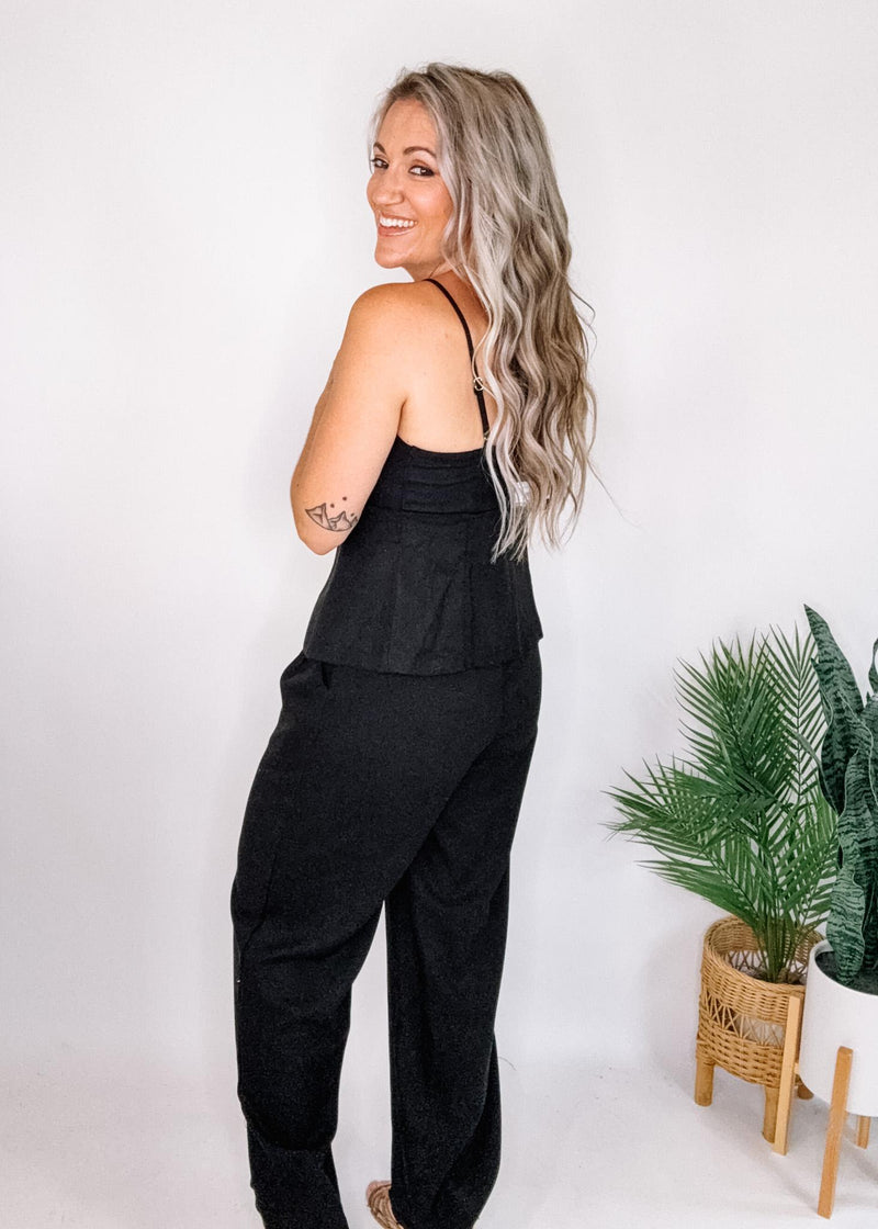 Front Button Split Hem Spaghetti Top with High Waist Pants