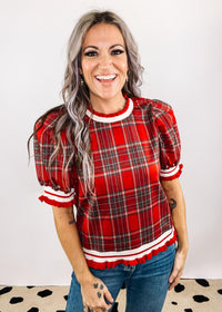 Holiday Plaid Puff Sleeve Top