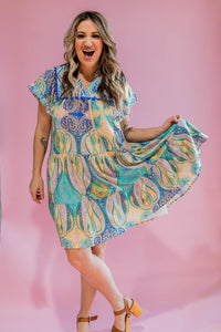 Blue Printed Bib Dress