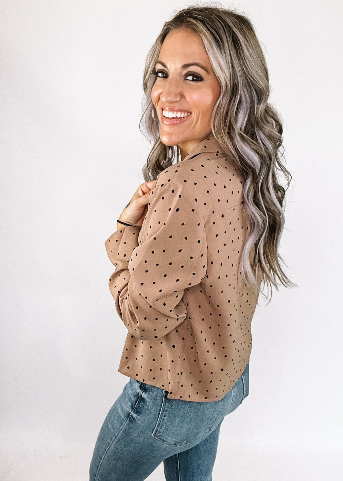 Mocha and Black Polka Dot Midi Button Down