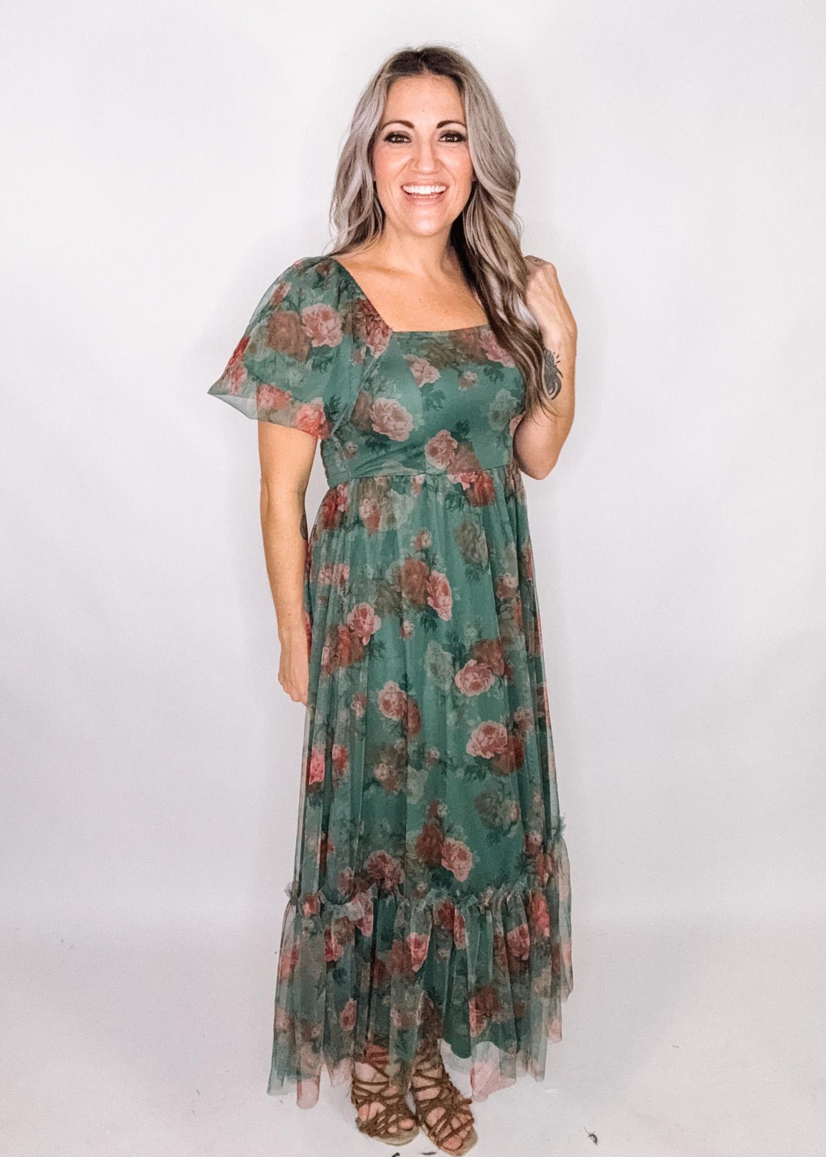 Green and Floral Mesh Maxi Dress