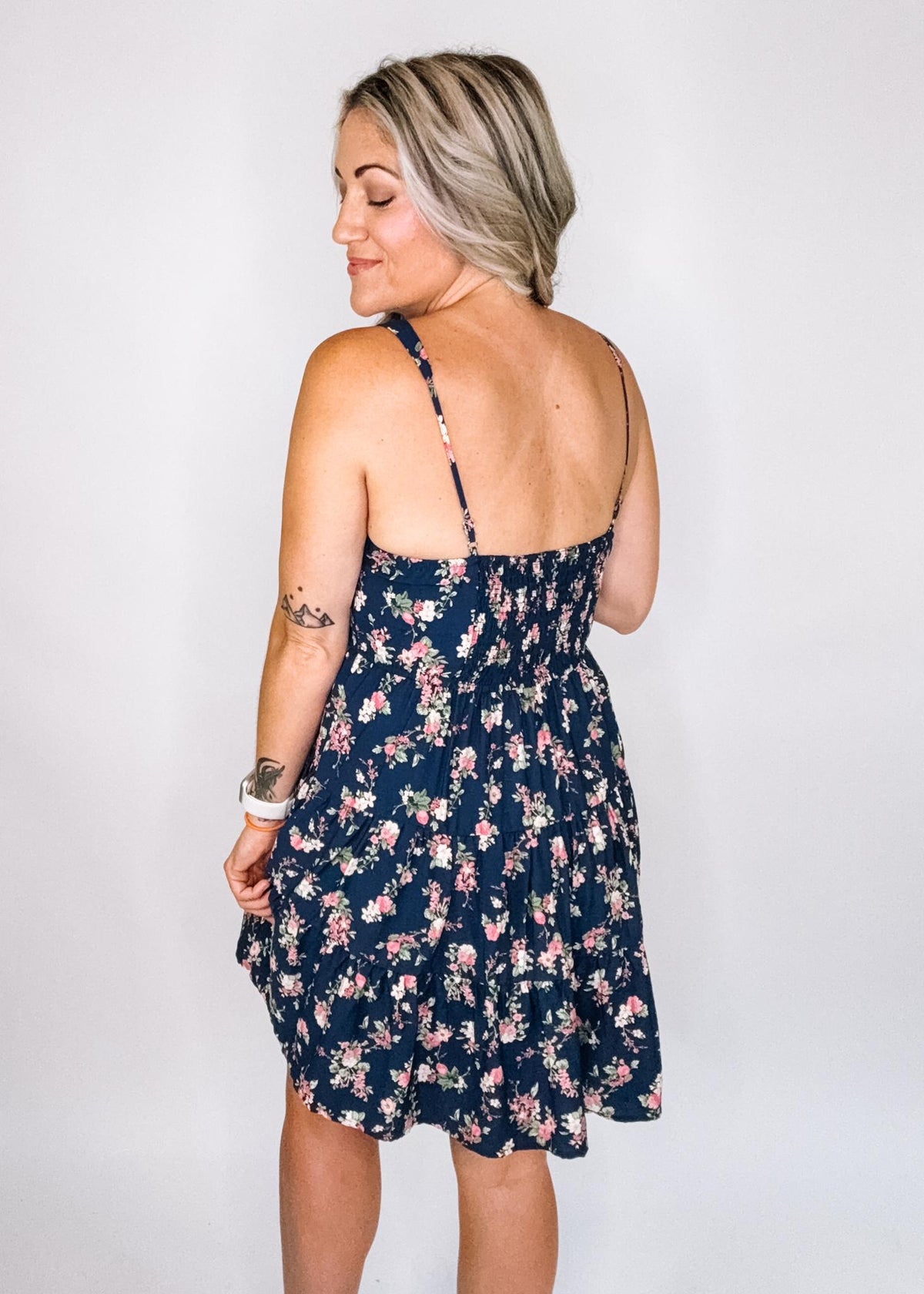 Navy Floral Sleeveless Tiered Mini Dress