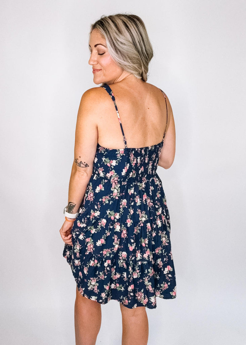 Navy Floral Sleeveless Tiered Mini Dress