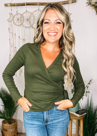 Olive Wrap Ribbed Midi Top