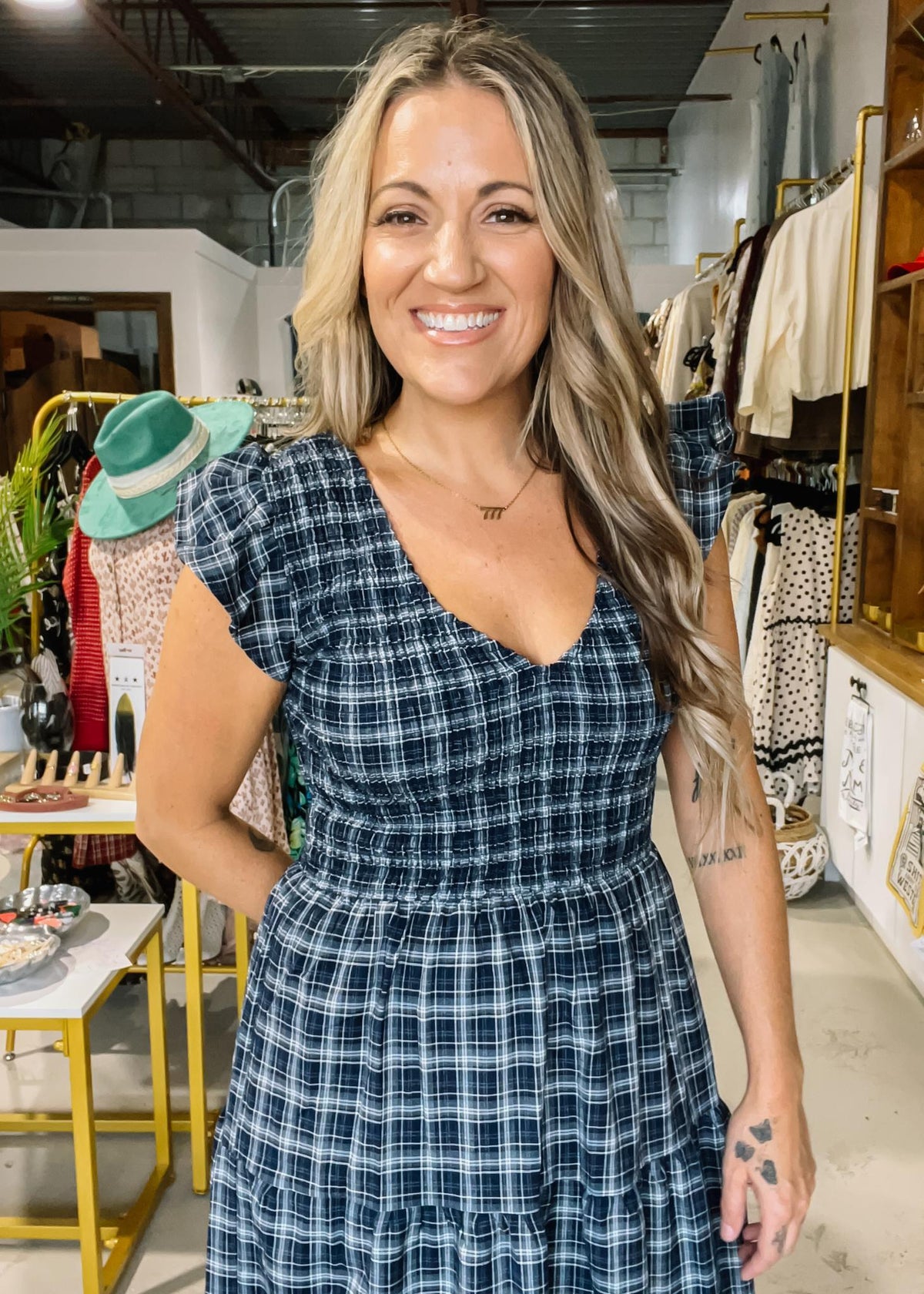 Navy Plaid Midi Dress