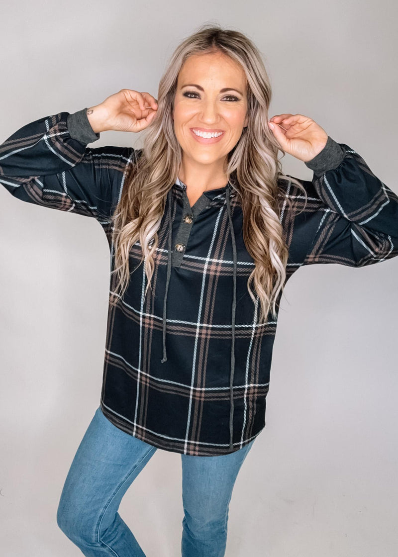 Black and Caramel Plaid Hoodie