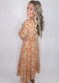Taupe and Rust Long Sleeve Printed Maxi Dress