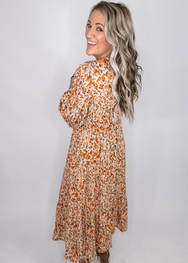 Taupe and Rust Long Sleeve Printed Maxi Dress