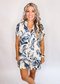 Cream and Blue Leafy Button Up Shirt Dress