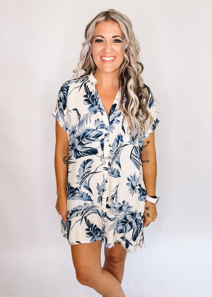 Cream and Blue Leafy Button Up Shirt Dress