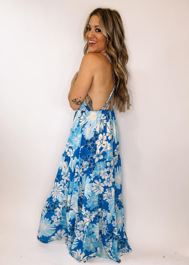 Blue Floral Chiffon Maxi Dress with Cross Strap Detail