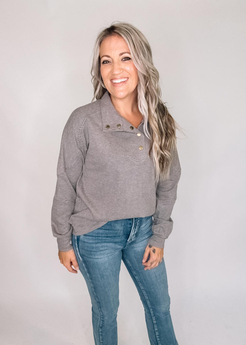 Brown Micro Stripe Pullover with Buttons