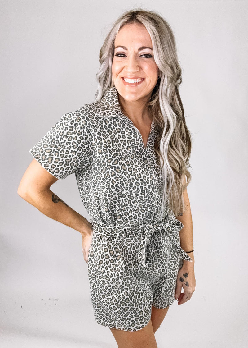 Animal Print Denim Zip Up Romper