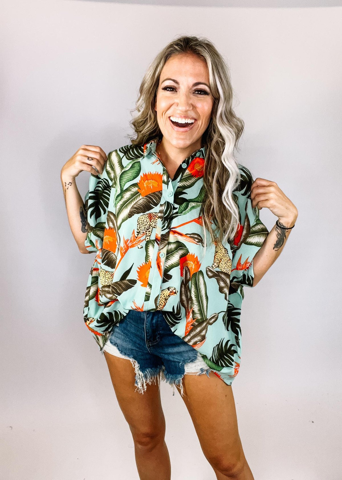 Oversized Mint Tropical Cheetah Top