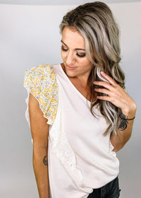 Sand Top with Chiffon Mixed Print Ruffle