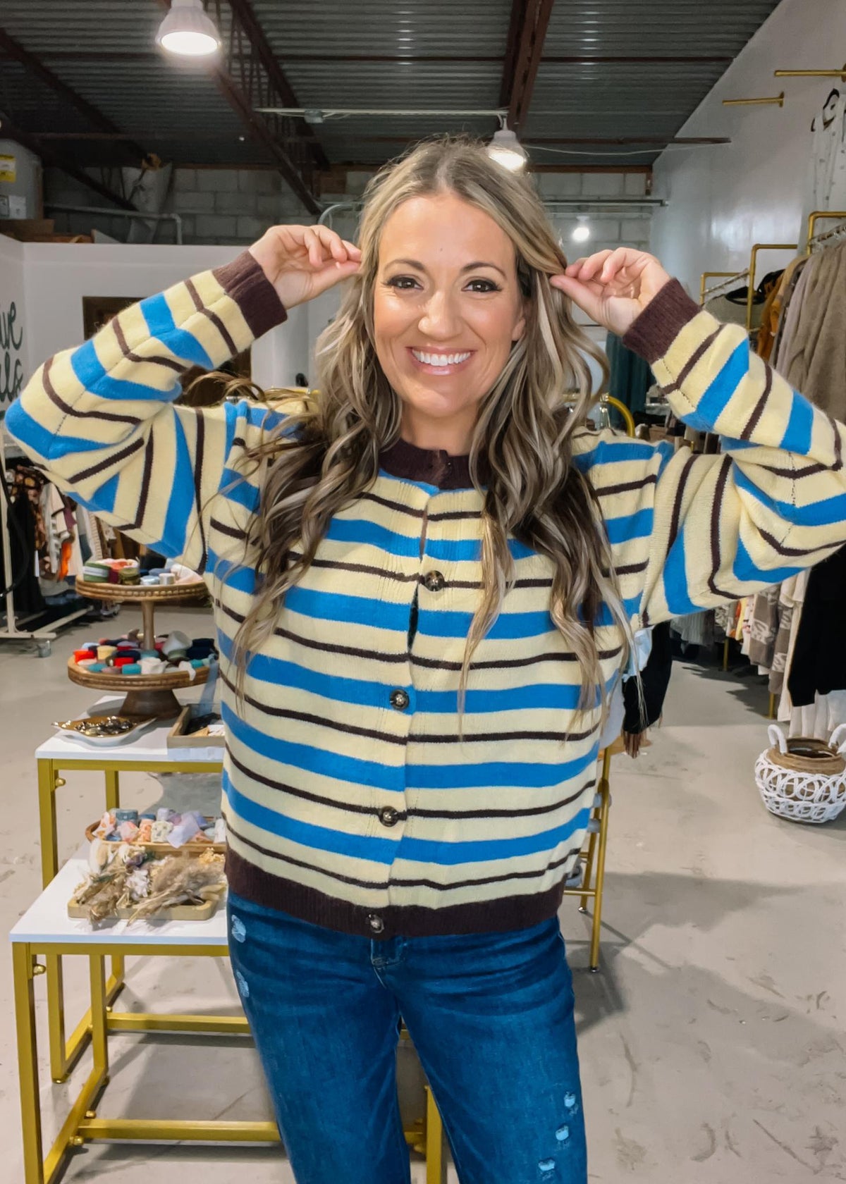 Lemon Brown Blue Stripe Cardigan