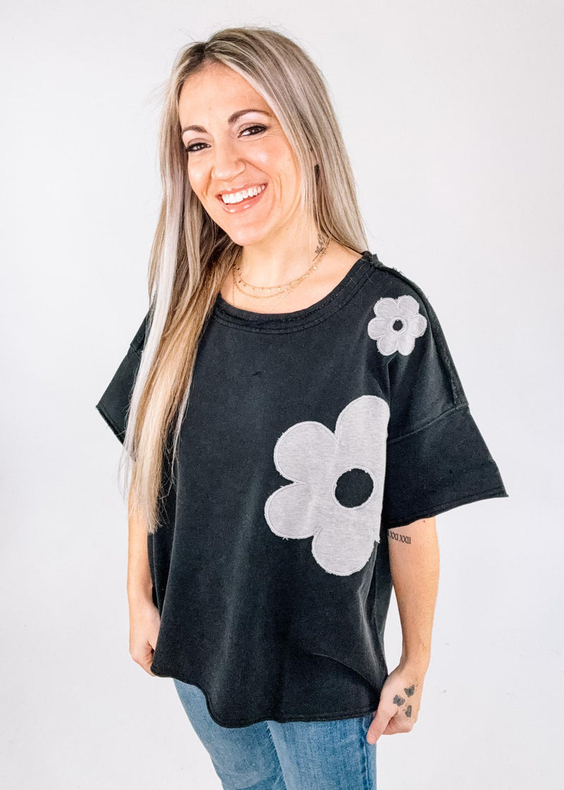 Ash Oversized Tee with Floral Detail