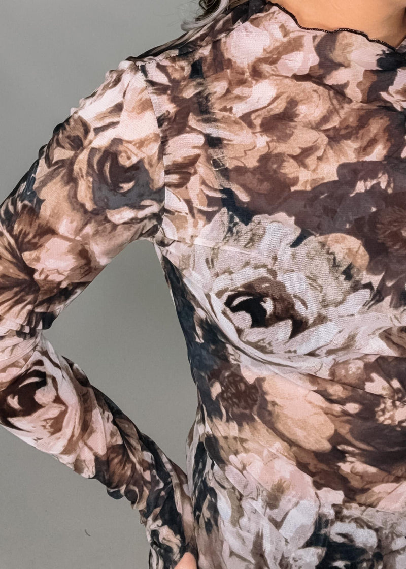 Taupe and Black Floral Mesh Top