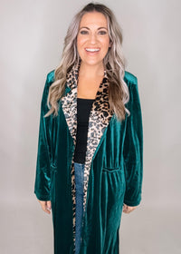 Teal Velvet Duster with Leopard Trim