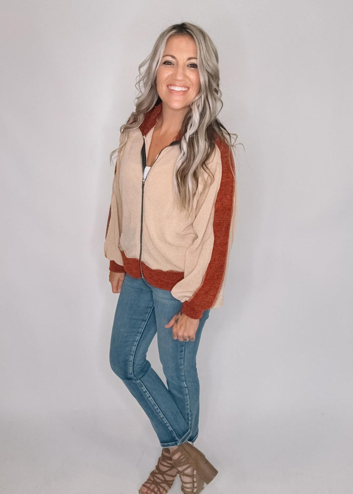 High Neck Zip Up Two Tone Jacquard Jacket