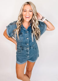 Denim Mineral Washed Button Down Romper