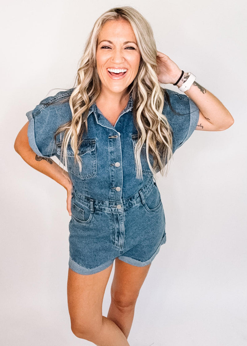 Denim Mineral Washed Button Down Romper