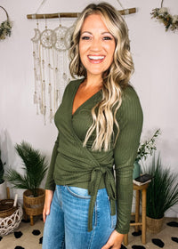 Olive Wrap Ribbed Midi Top