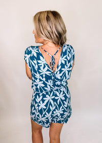 Tropical Print Romper with Tie Rouching Shoulder Detail
