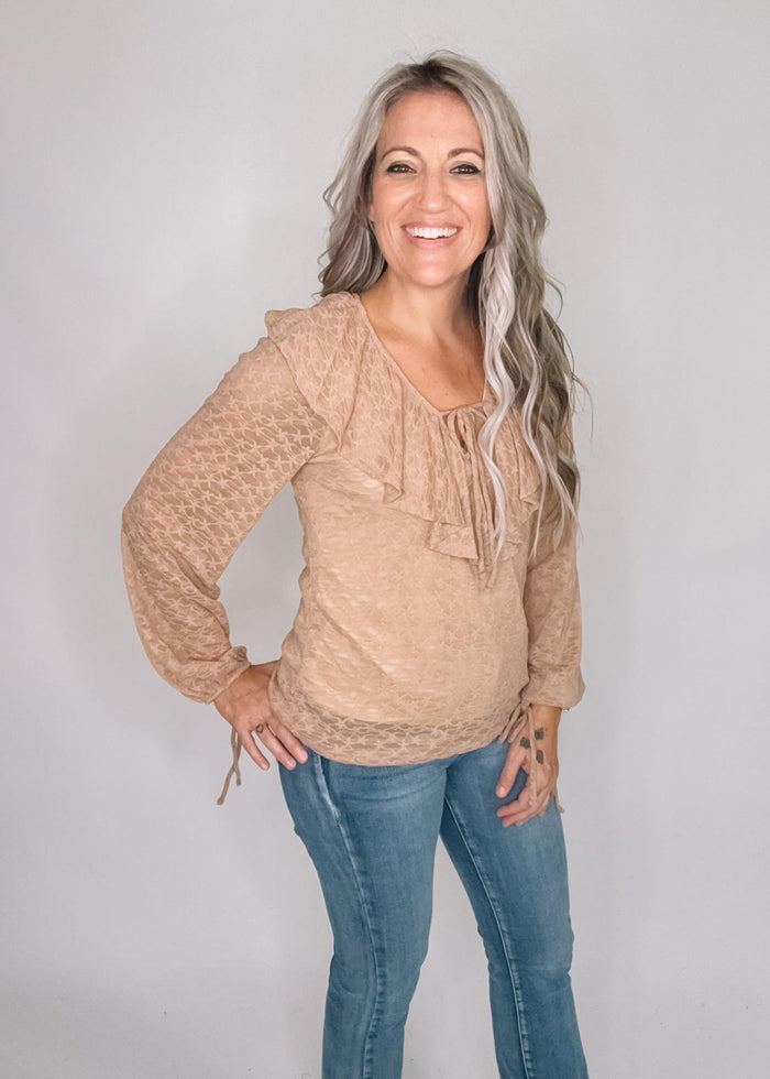 Taupe V Neck Ruffle Detail Top