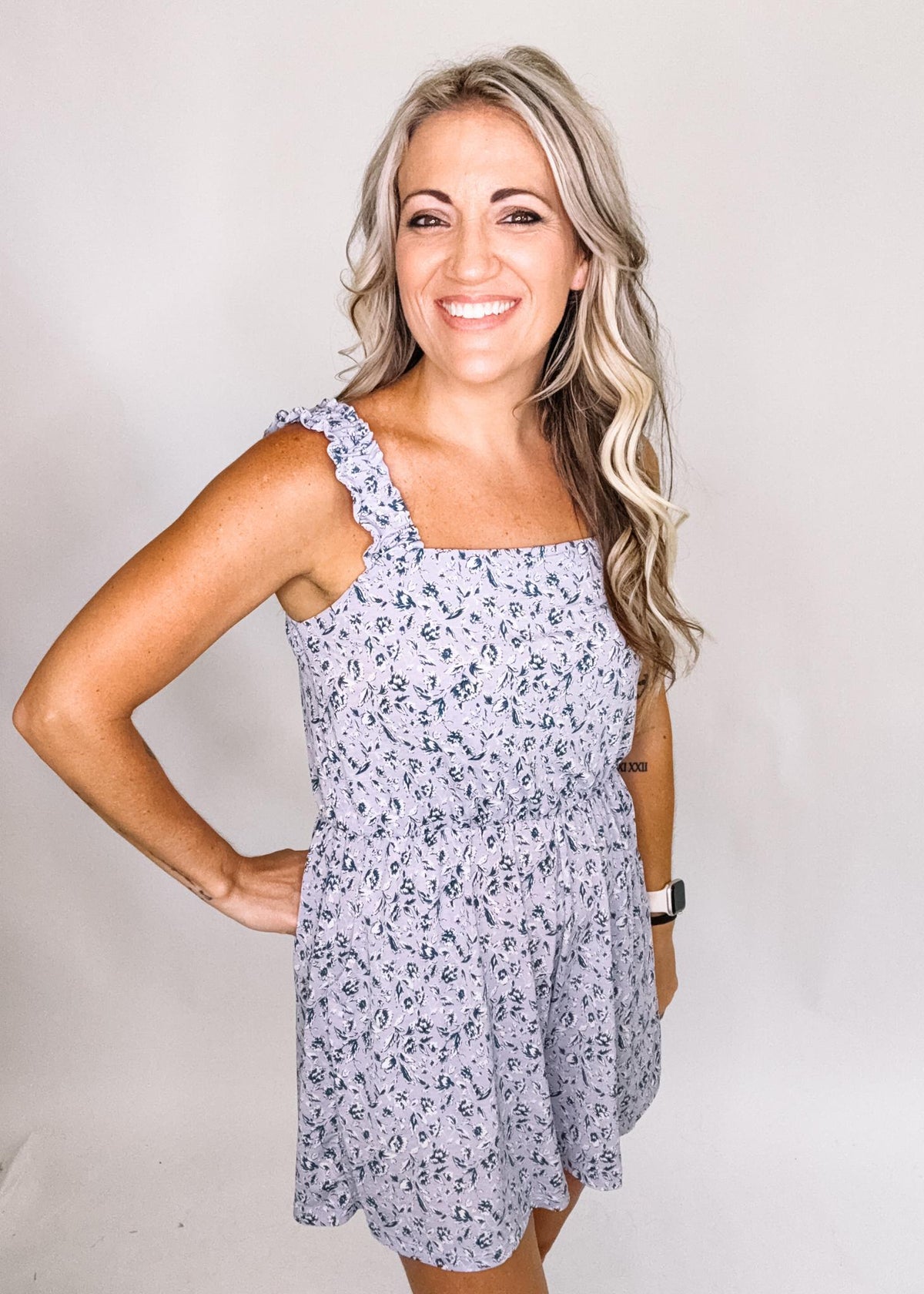 Lavender and Navy Ditsy Floral Romper
