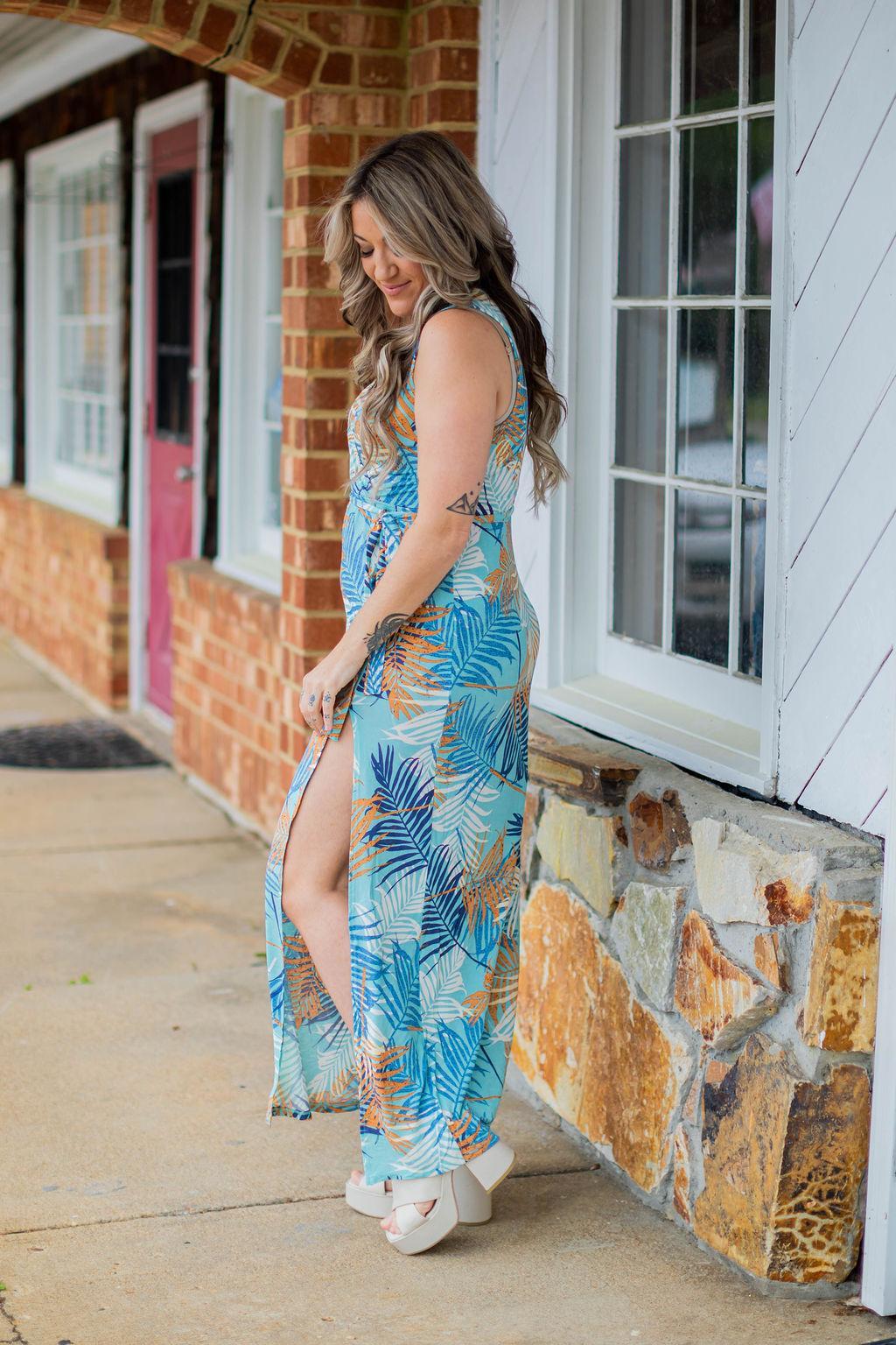 Mint Tropical Print Front Tie Dress