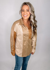 Color Block Suede Button Up Top