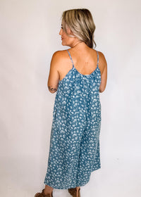 Chambray Floral Print Adjustable Strap Jumpsuit