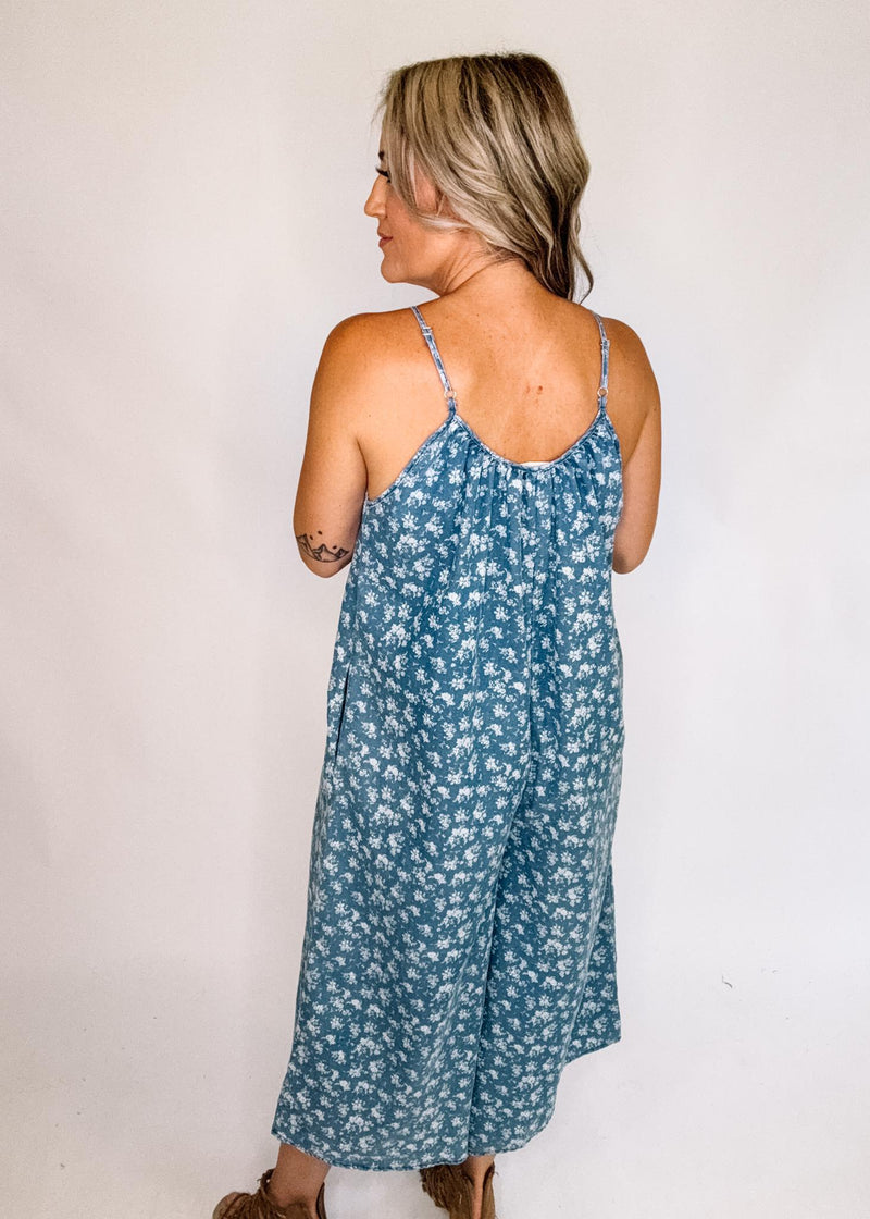 Chambray Floral Print Adjustable Strap Jumpsuit