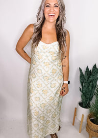 Cream and Yellow Lace Trim Midi Dress
