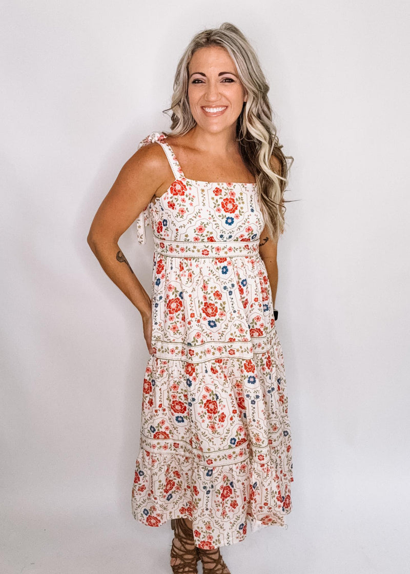 Cream Floral Printed Tie Strap Midi Dress
