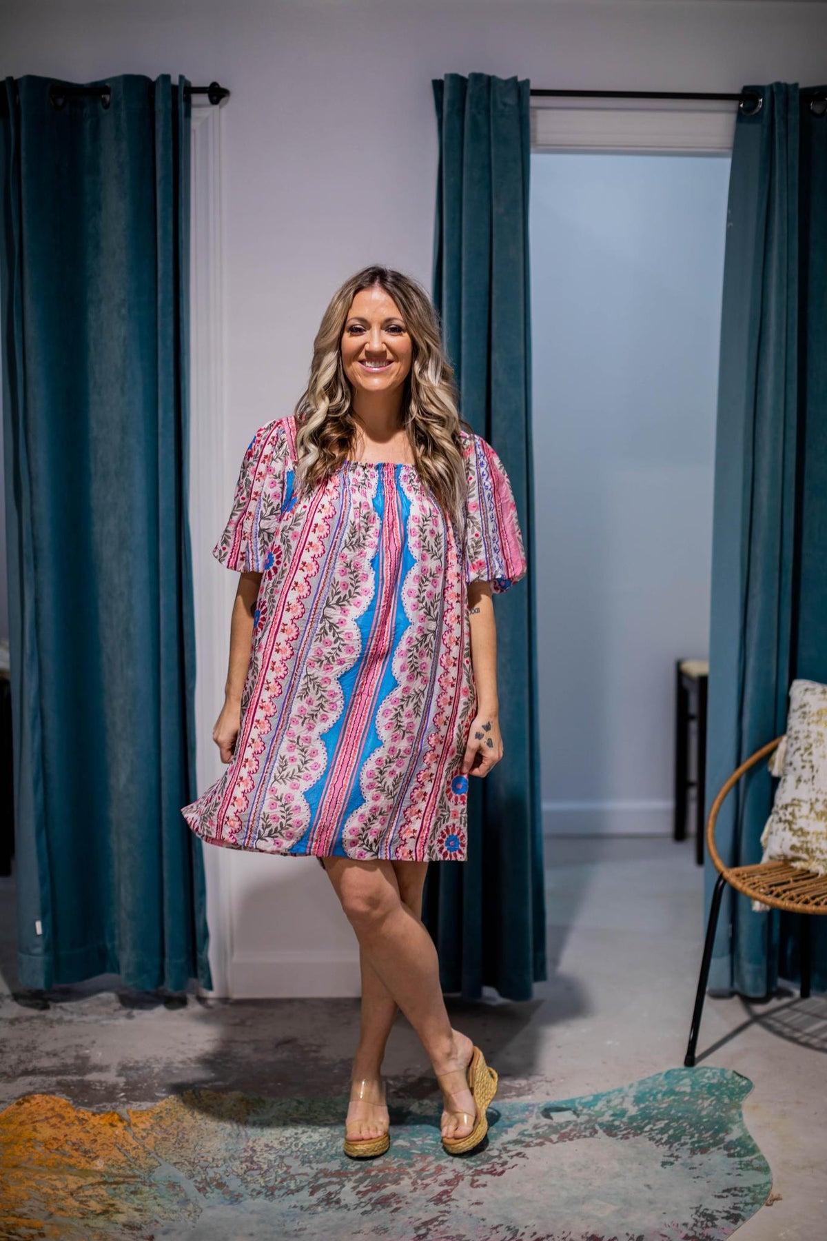 Blue and Pink Printed Mini Dress