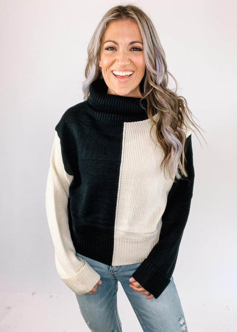 Ivory and Black Color Block Turtleneck