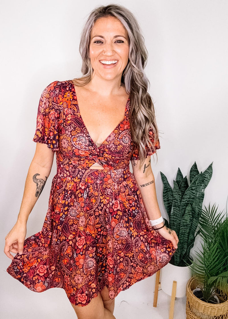 Berry Ruffle Sleeve Twist Front Dress