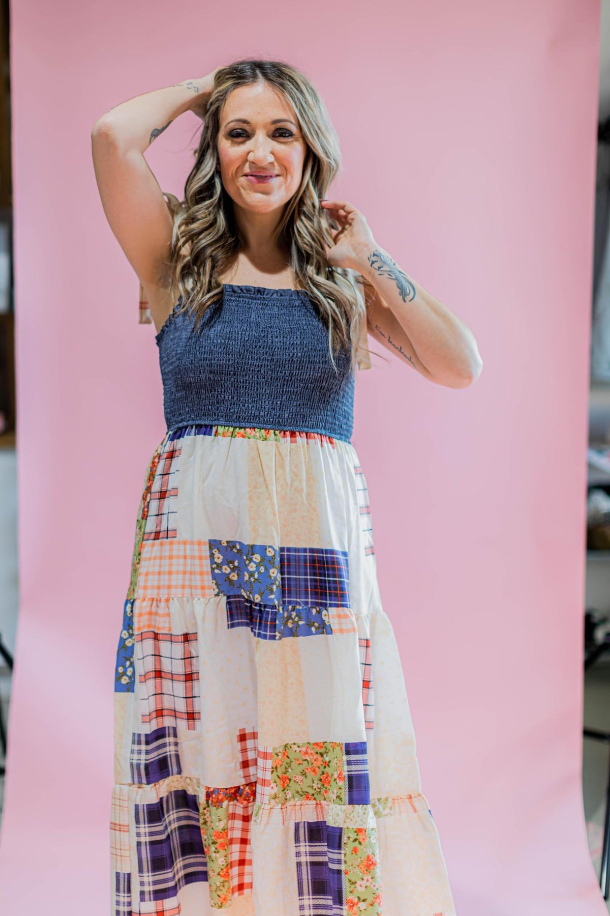Smocked Denim Patchwork Maxi Dress