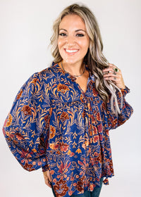 Navy and Amber Floral Blouse